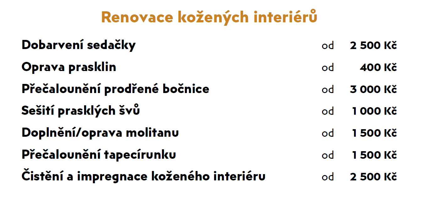 ceník opravy, renovace a čistění kožených sedaček a interiérů aut